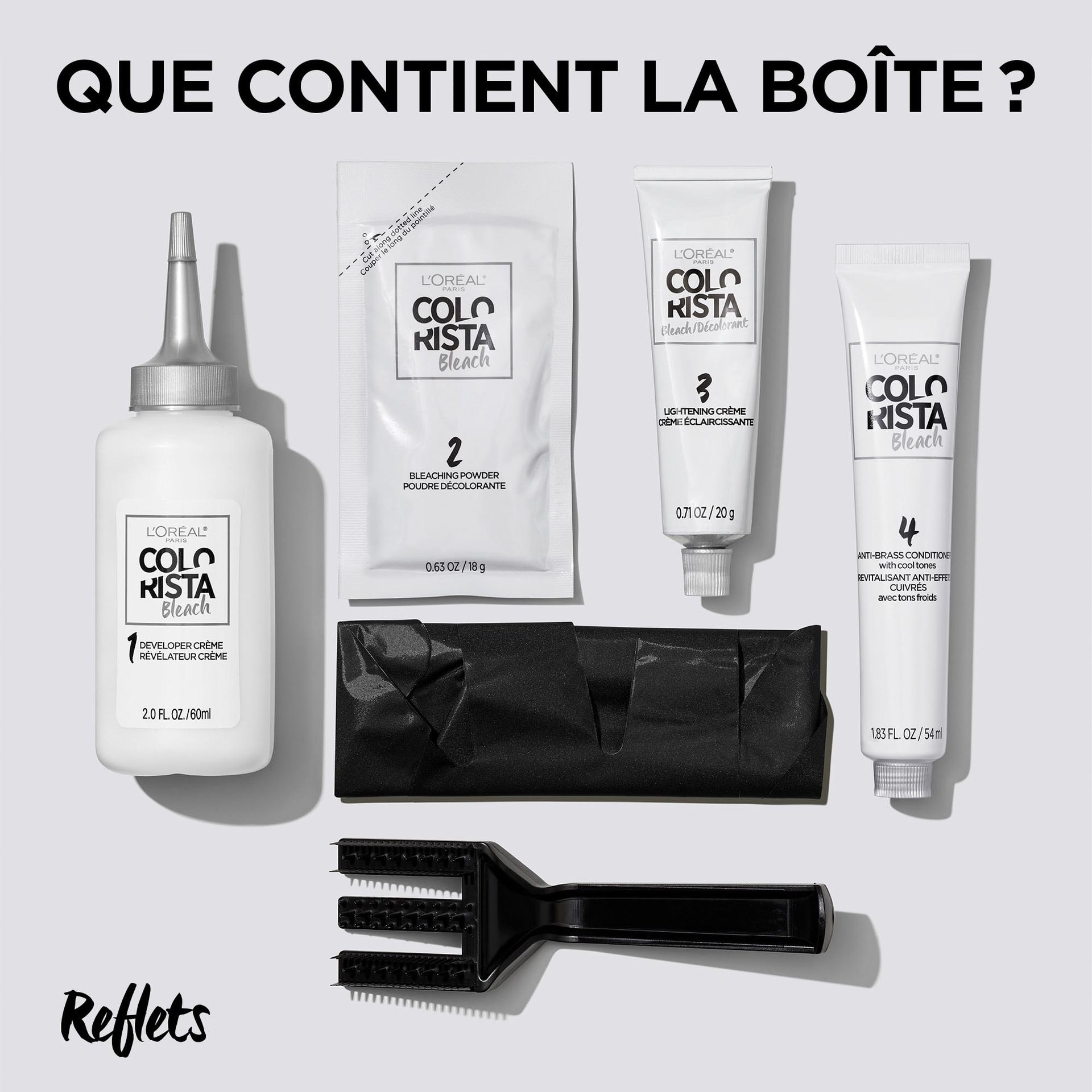 Le kit comprend un révélateur crème, une crème éclaircissante et un revitalisant violet anti-effets cuivrés